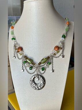 Ornate Silver and Green Filigree Necklace
